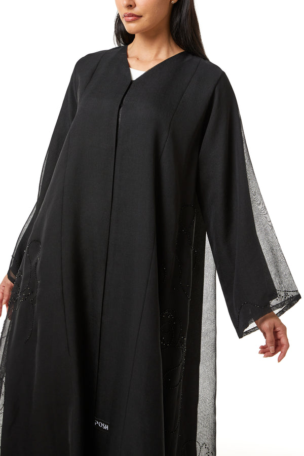 Black Plain Organza Custom Abaya , Side Panel and Sleeve Beadwork Detail