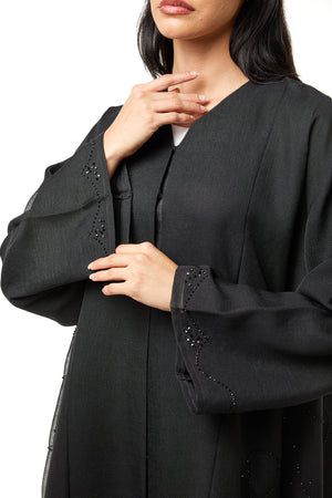 Black Plain Organza Custom Abaya , Side Panel and Sleeve Beadwork Detail