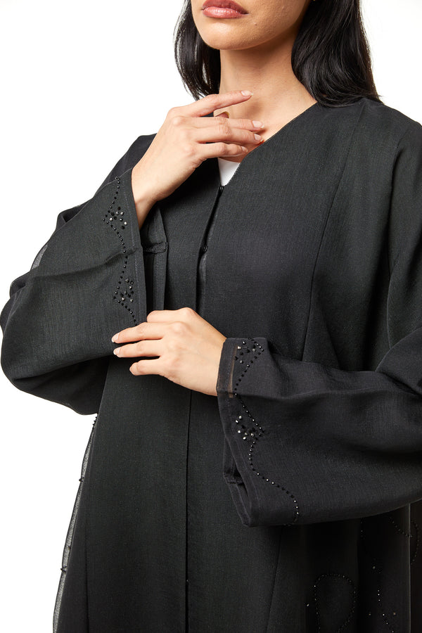 Black Plain Organza Custom Abaya , Side Panel and Sleeve Beadwork Detail