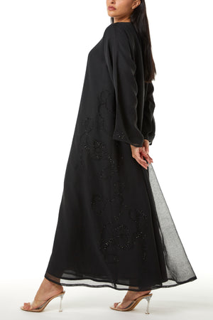 Black Plain Organza Custom Abaya , Side Panel and Sleeve Beadwork Detail