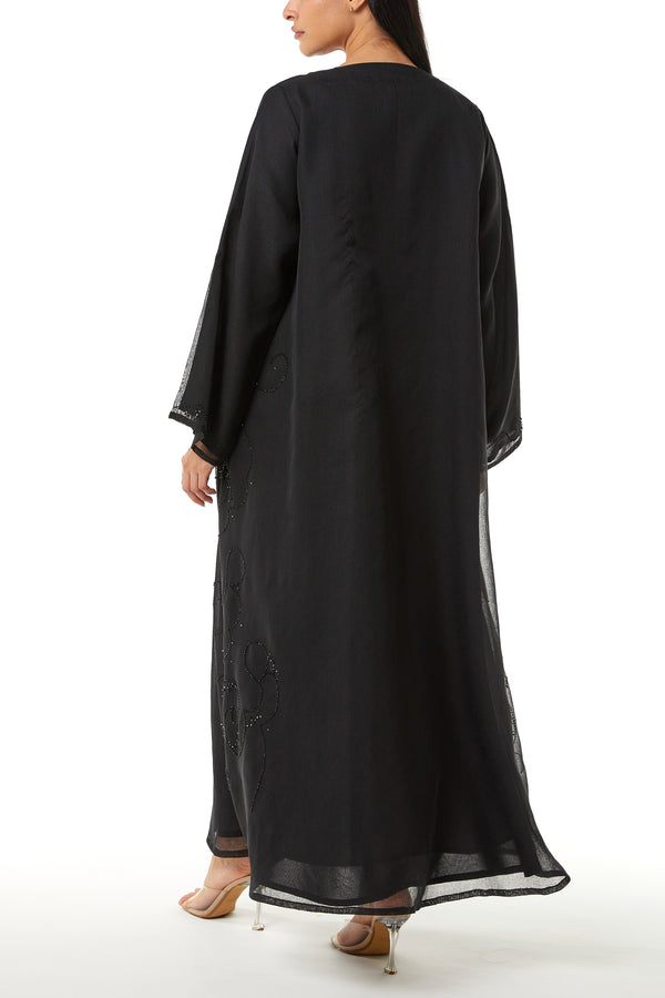 Black Plain Organza Custom Abaya , Side Panel and Sleeve Beadwork Detail