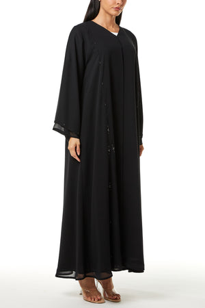 Black Malika Chiffon Custom Abaya, Front Panel and Sleeve Beadwork Detail