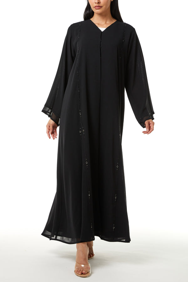 Black Malika Chiffon Custom Abaya, Front Panel and Sleeve Beadwork Detail