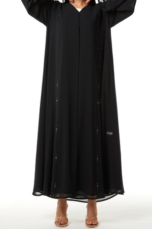 Black Malika Chiffon Custom Abaya, Front Panel and Sleeve Beadwork Detail