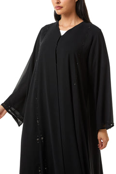 Black Malika Chiffon Custom Abaya, Front Panel and Sleeve Beadwork Detail