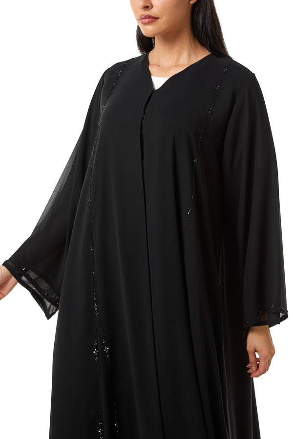 Black Malika Chiffon Custom Abaya, Front Panel and Sleeve Beadwork Detail