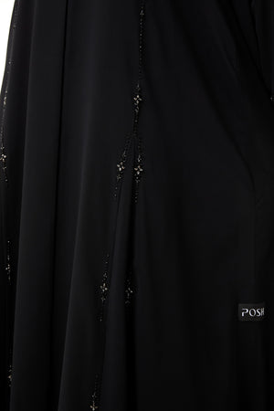 Black Malika Chiffon Custom Abaya, Front Panel and Sleeve Beadwork Detail