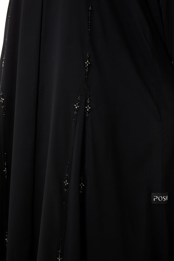 Black Malika Chiffon Custom Abaya, Front Panel and Sleeve Beadwork Detail