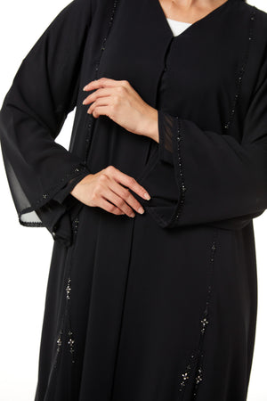 Black Malika Chiffon Custom Abaya, Front Panel and Sleeve Beadwork Detail