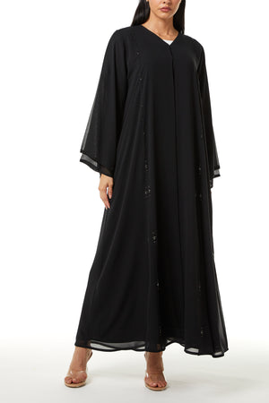 Black Malika Chiffon Custom Abaya, Front Panel and Sleeve Beadwork Detail