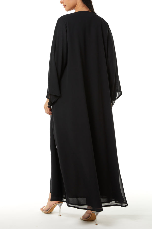 Black Malika Chiffon Custom Abaya, Front Panel and Sleeve Beadwork Detail