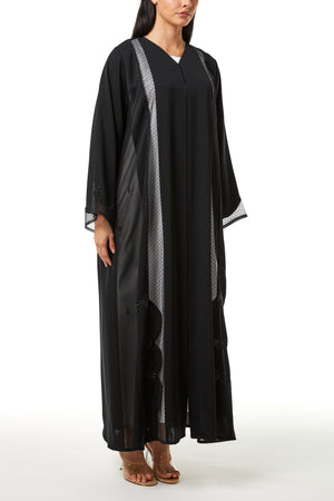 Black Royal Nada Custom Abaya, Front and Side Beadwork with Mesh