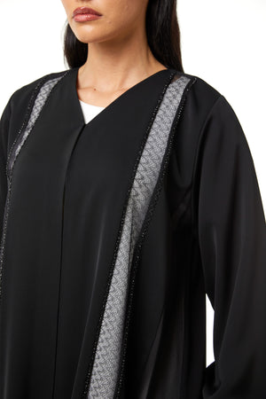 Black Royal Nada Custom Abaya, Front and Side Beadwork with Mesh