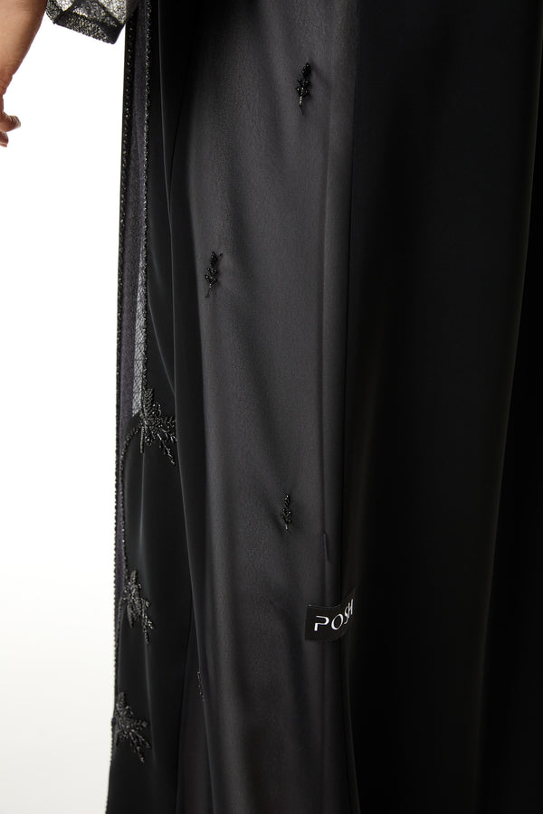 Black Royal Nada Custom Abaya, Front and Side Beadwork with Mesh