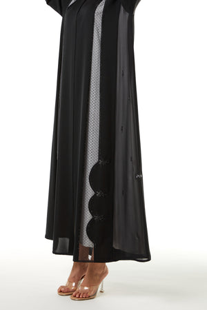 Black Royal Nada Custom Abaya, Front and Side Beadwork with Mesh