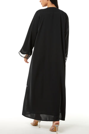 Black Royal Nada Custom Abaya, Front and Side Beadwork with Mesh