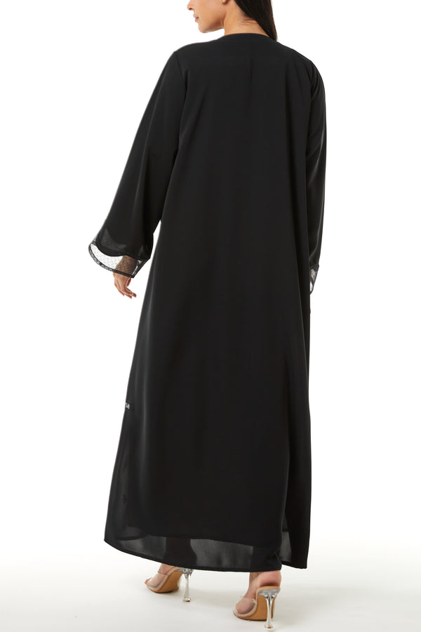 Black Royal Nada Custom Abaya, Front and Side Beadwork with Mesh