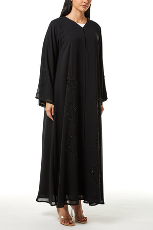 Black Malika Chiffon Custom Abaya, Side and Sleeve Beadwork Detail