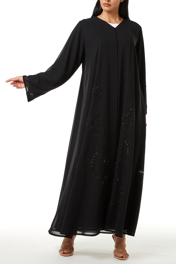 Black Malika Chiffon Custom Abaya, Side and Sleeve Beadwork Detail