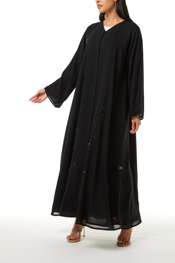 Black Malika Chiffon Custom Abaya, Side and Sleeve Beadwork Detail