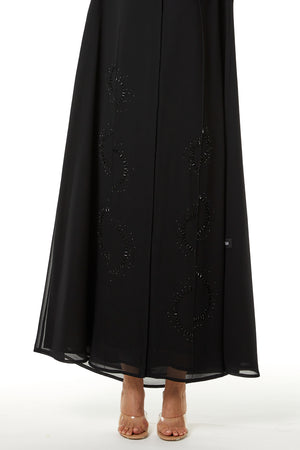 Black Malika Chiffon Custom Abaya, Side and Sleeve Beadwork Detail