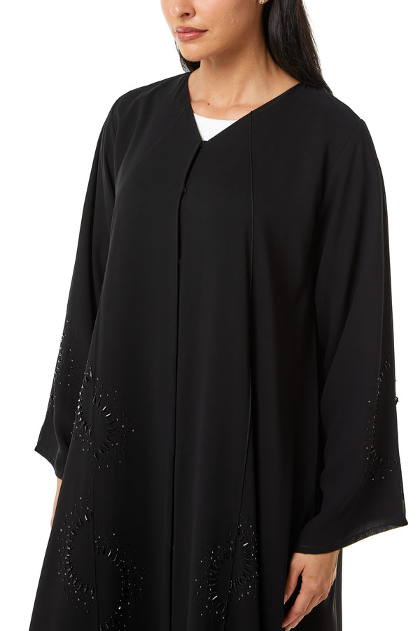 Black Malika Chiffon Custom Abaya, Side and Sleeve Beadwork Detail