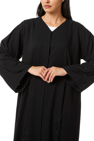 Black Malika Chiffon Custom Abaya, Side and Sleeve Beadwork Detail