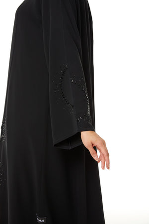 Black Malika Chiffon Custom Abaya, Side and Sleeve Beadwork Detail