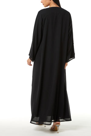 Black Malika Chiffon Custom Abaya, Side and Sleeve Beadwork Detail