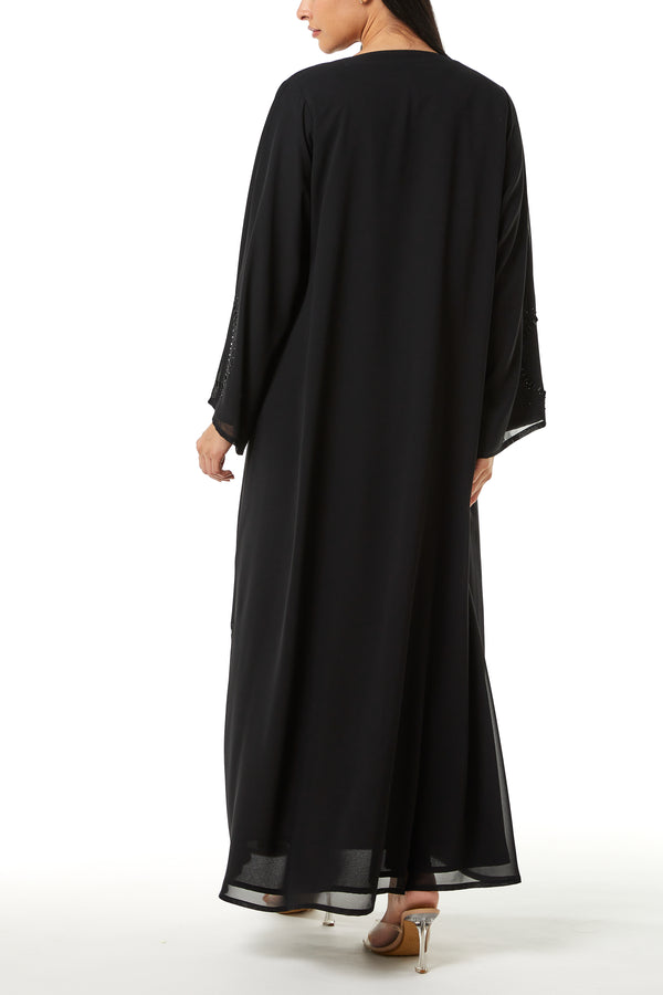 Black Malika Chiffon Custom Abaya, Side and Sleeve Beadwork Detail