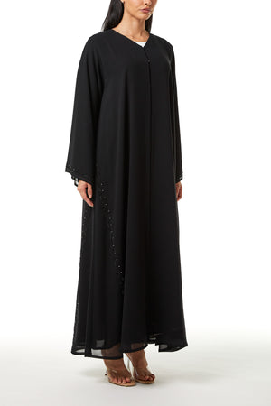 Black malika chiffon Custom Abaya, Front Beadwork Detail