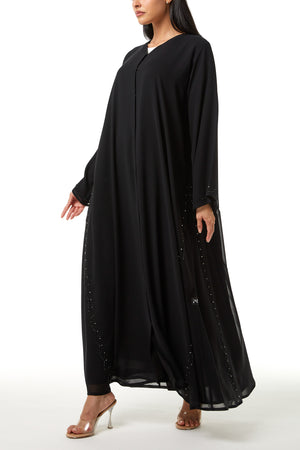 Black malika chiffon Custom Abaya, Front Beadwork Detail