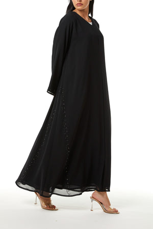 Black malika chiffon Custom Abaya, Front Beadwork Detail