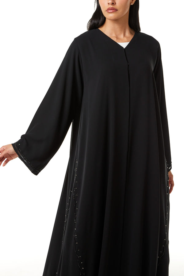Black malika chiffon Custom Abaya, Front Beadwork Detail