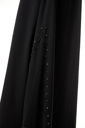 Black malika chiffon Custom Abaya, Front Beadwork Detail