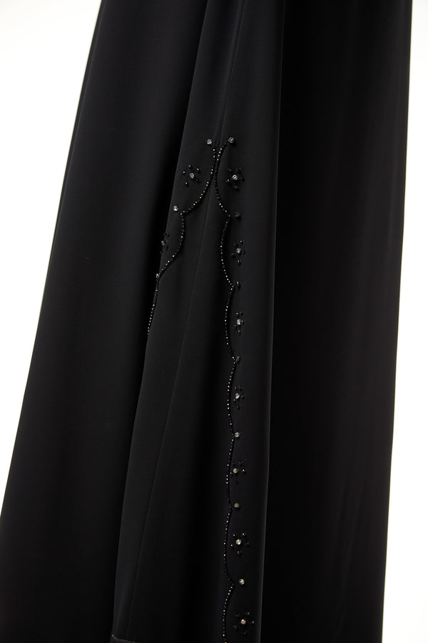 Black malika chiffon Custom Abaya, Front Beadwork Detail