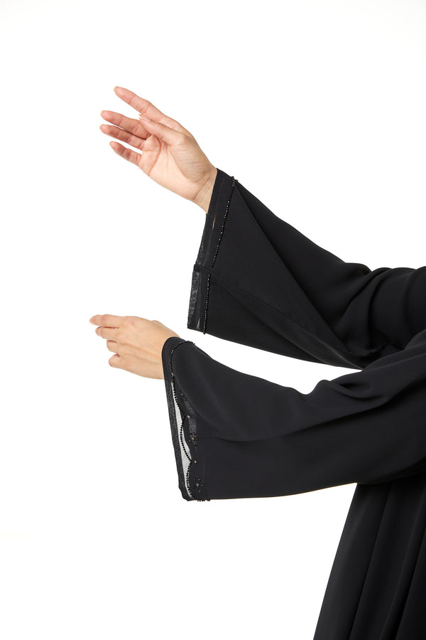 Black malika chiffon Custom Abaya, Front Beadwork Detail