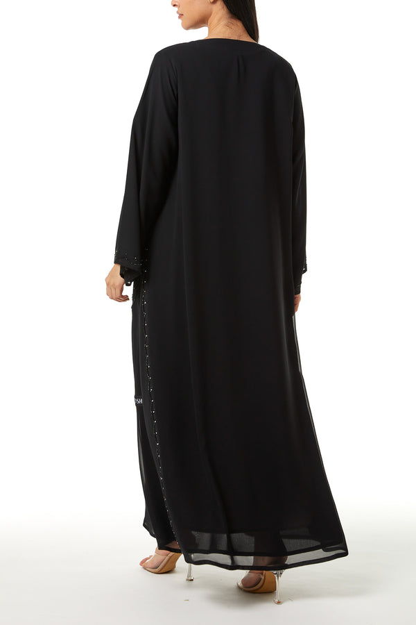 Black malika chiffon Custom Abaya, Front Beadwork Detail