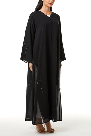 Black Malika Chiffon Custom Abaya, Front and Sleeve Beadwork Detail