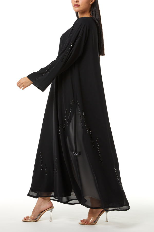 Black Malika Chiffon Custom Abaya, Front and Sleeve Beadwork Detail