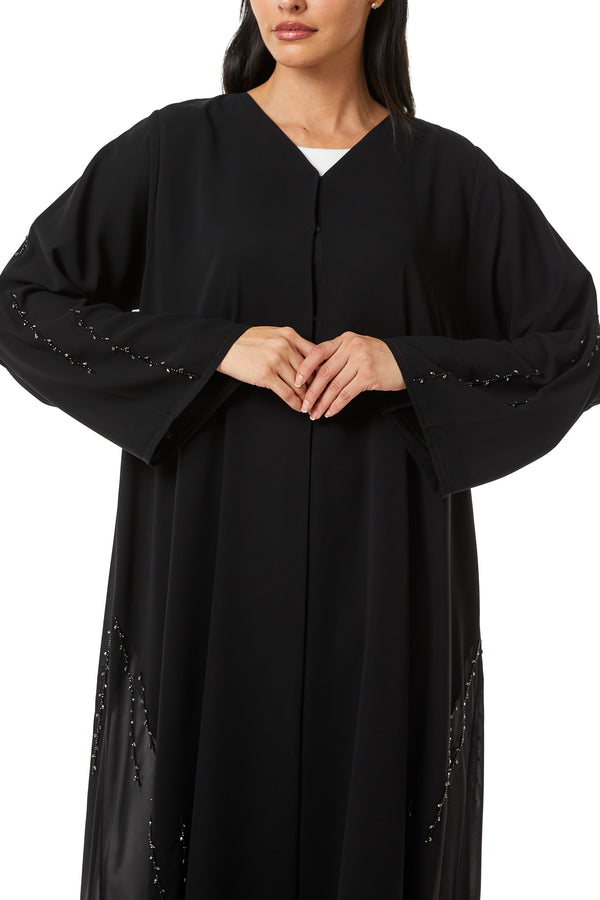 Black Malika Chiffon Custom Abaya, Front and Sleeve Beadwork Detail