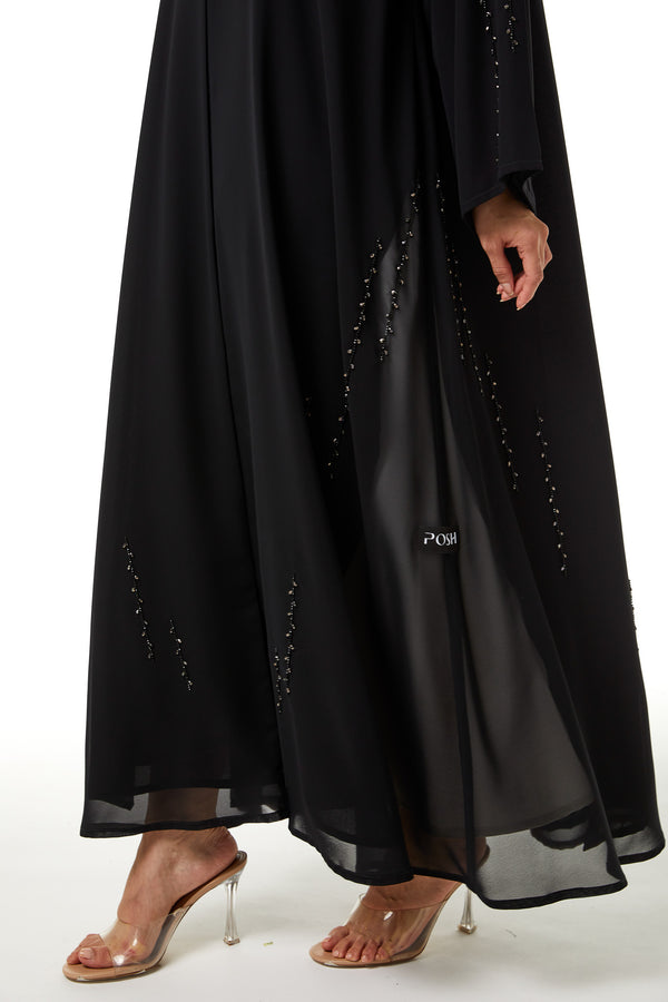 Black Malika Chiffon Custom Abaya, Front and Sleeve Beadwork Detail