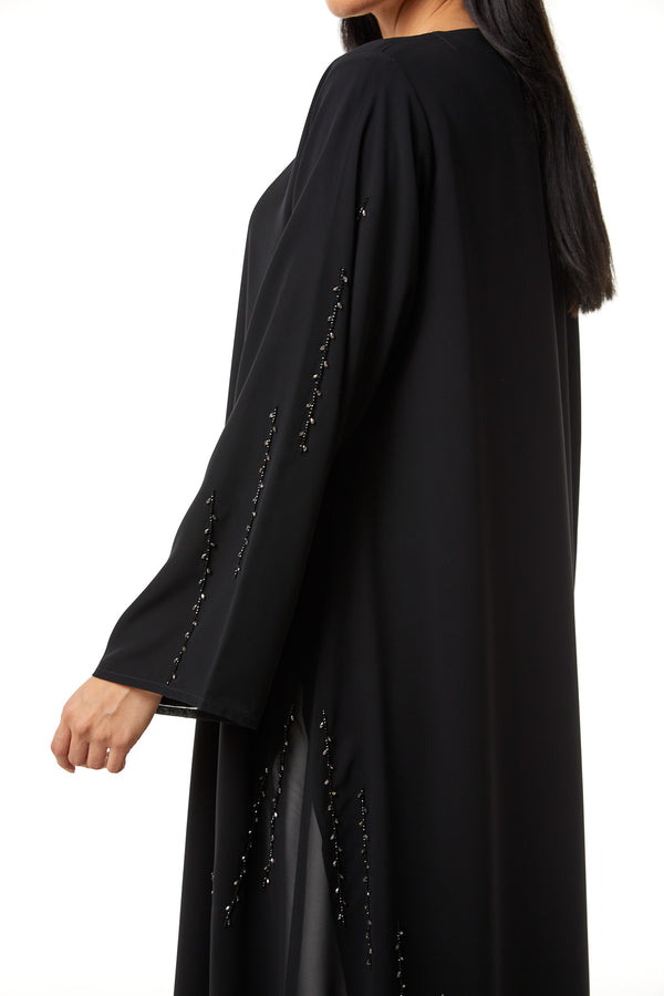 Black Malika Chiffon Custom Abaya, Front and Sleeve Beadwork Detail