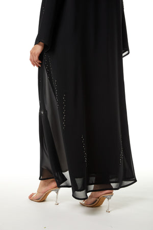 Black Malika Chiffon Custom Abaya, Front and Sleeve Beadwork Detail