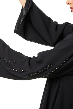 Black Malika Chiffon Custom Abaya, Front and Sleeve Beadwork Detail