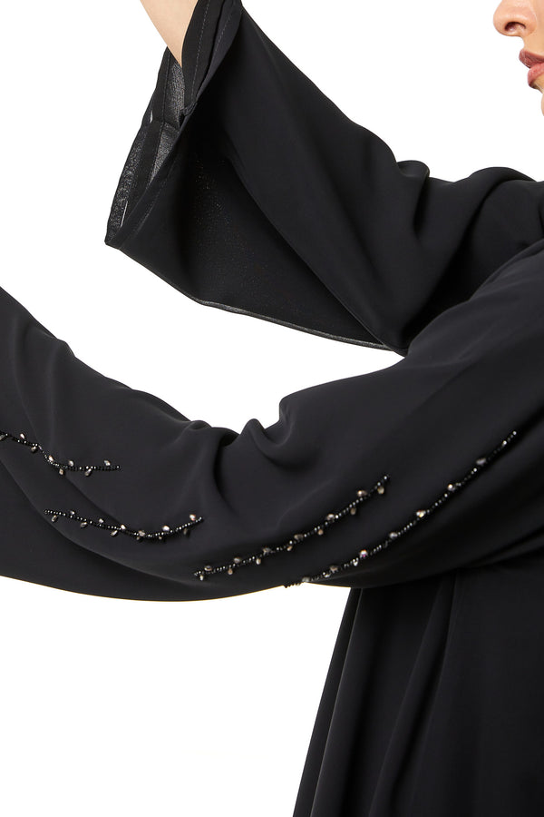 Black Malika Chiffon Custom Abaya, Front and Sleeve Beadwork Detail