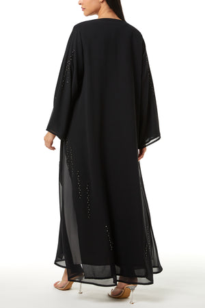 Black Malika Chiffon Custom Abaya, Front and Sleeve Beadwork Detail