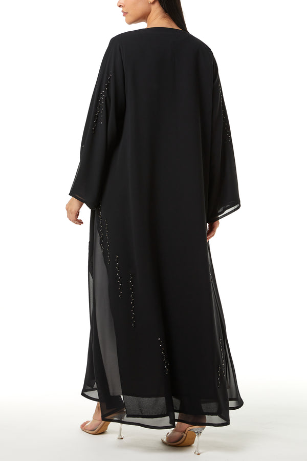 Black Malika Chiffon Custom Abaya, Front and Sleeve Beadwork Detail