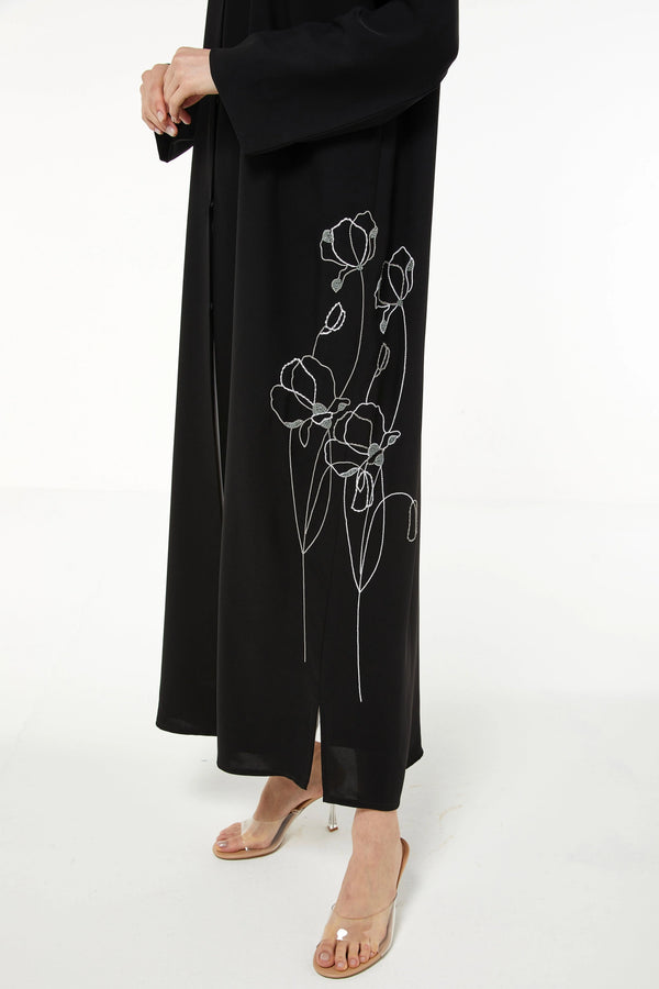 Black Aria Crepe Custom Abaya with Side Floral Embroidery