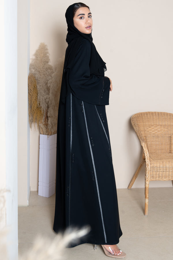 Black Reem Nada Custom Abaya with Subtle Lace Accents